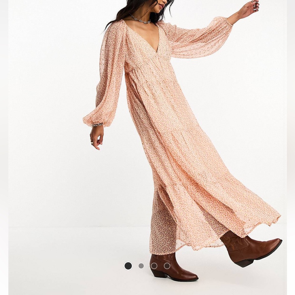 ASOS Design Chiffon V Neck Long Sleeve Tier Midi Maxi Smock Dress Size 10